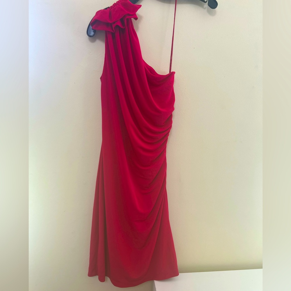 Badgley Mischka Red Asymmetrical Ruched Cocktail Dress